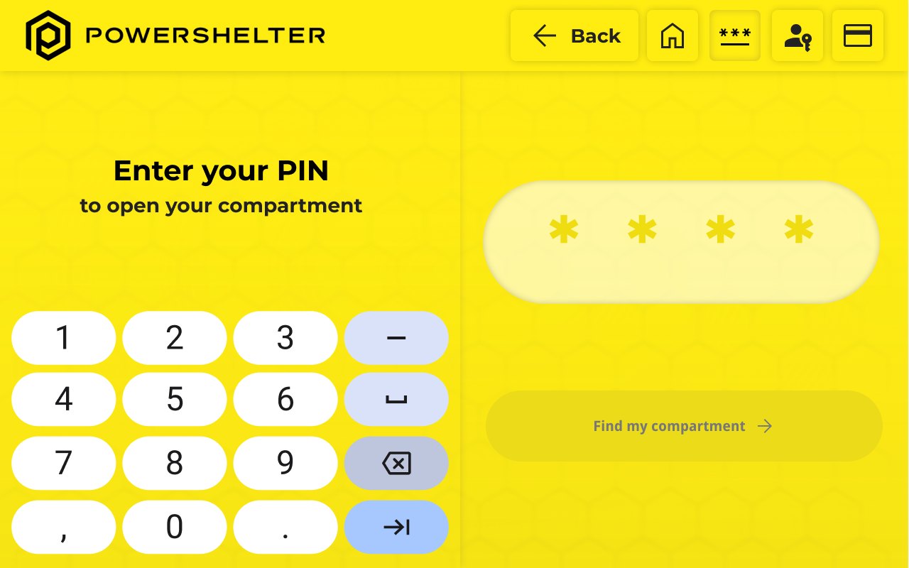 PowerShelter locker screen: Enter your PIN