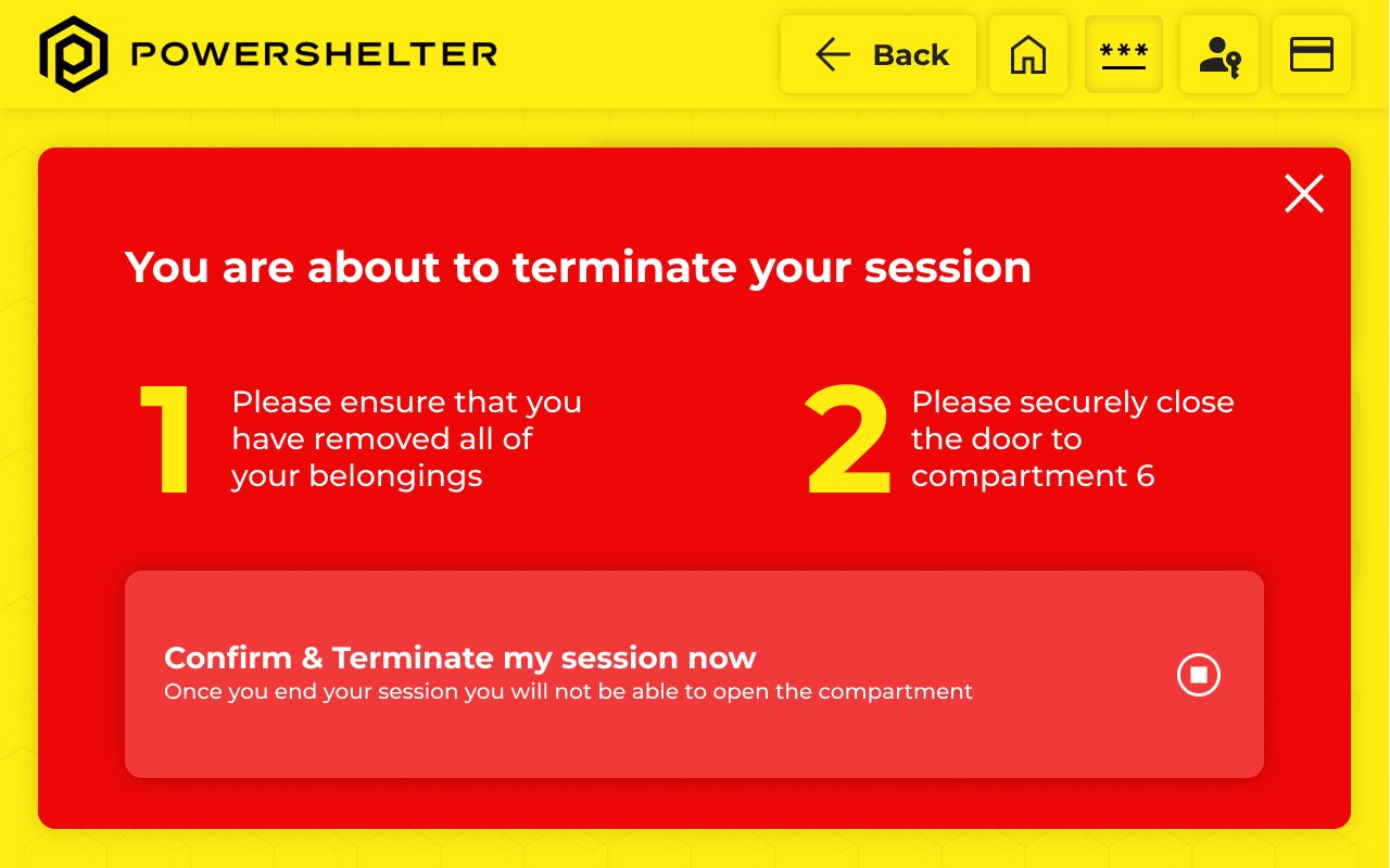 PowerShelter locker screen: Confirm end of session